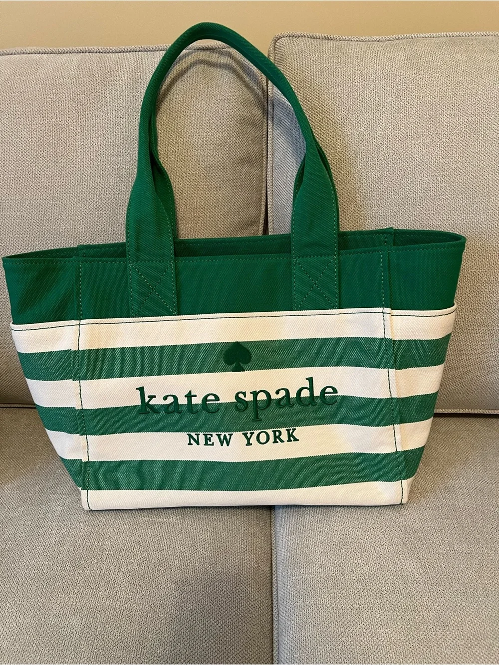kate spade Green & Cream Striped Large Canvas Tote